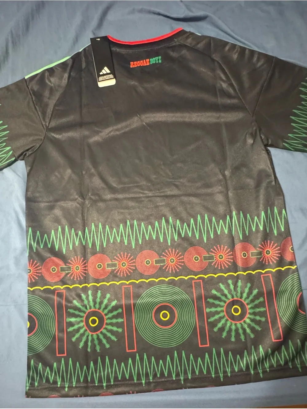 adidas Black Jamaica Football Jersey with Red and Rasta Stripes